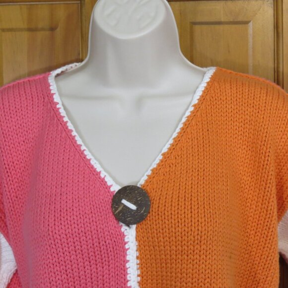 Pure Handknit Cardigan Sweater Pink/Orange/White Long Sleeve Size Large Petite - Picture 2 of 9